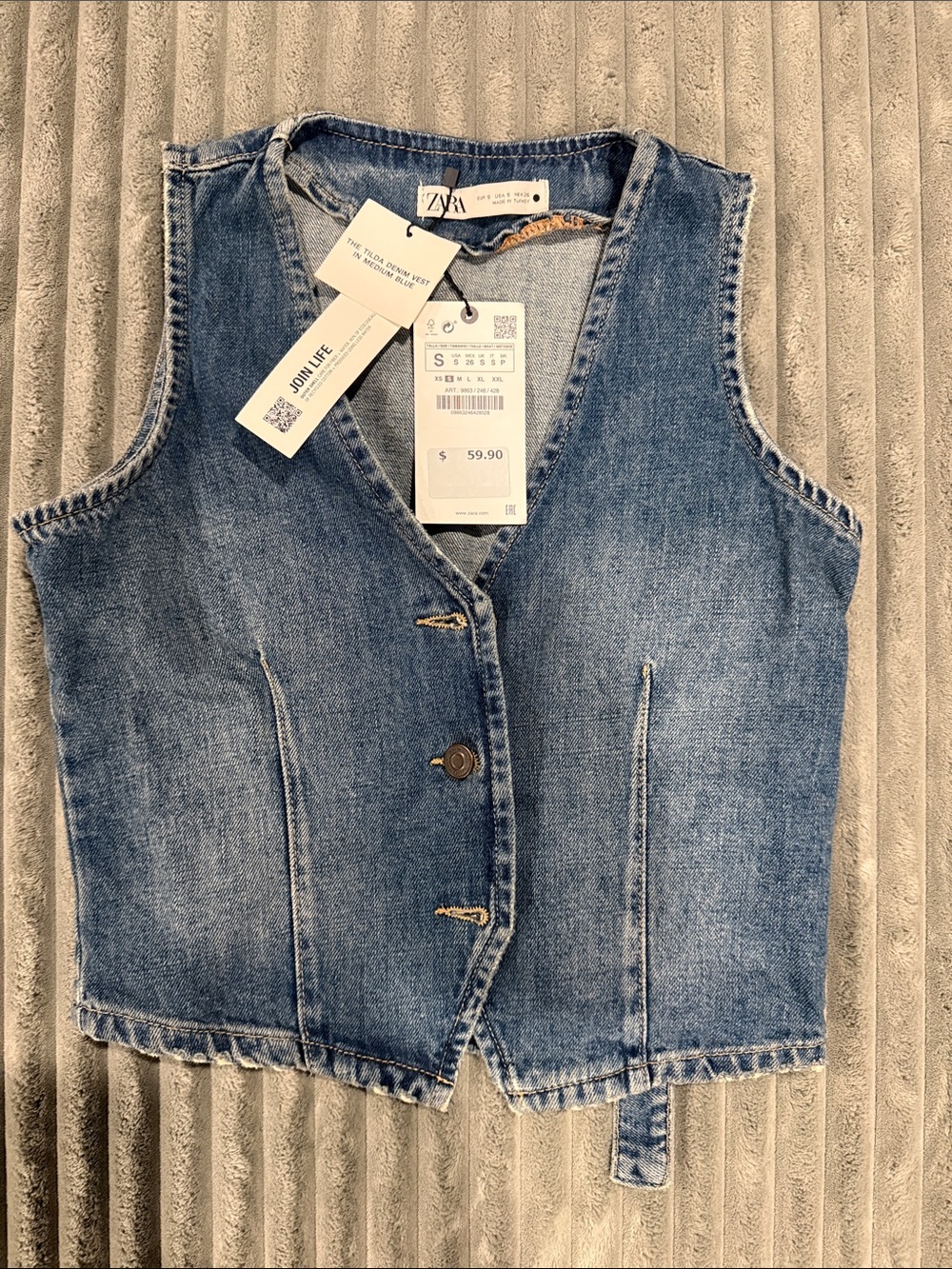 Zara “The Tilda”Distressed Blue Denim Cropped Vest for Women